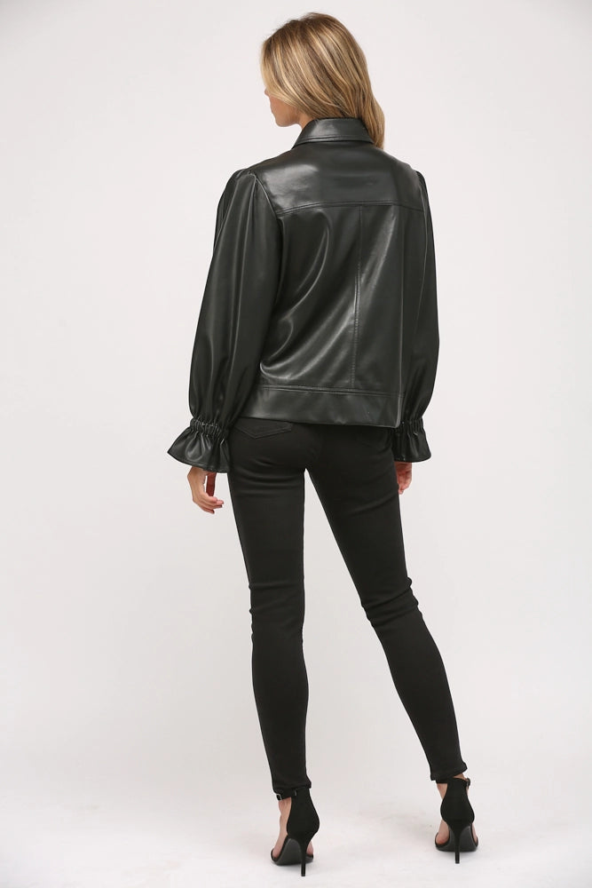 Long Puff Sleeve Soft Faux Leather Jacket