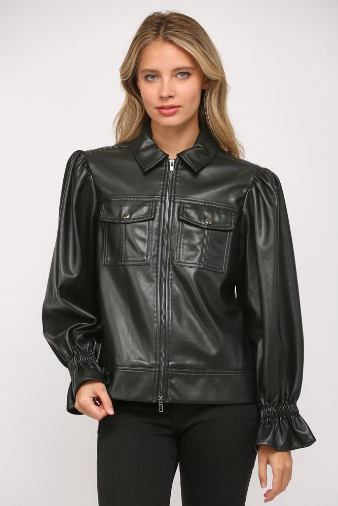 Long Puff Sleeve Soft Faux Leather Jacket