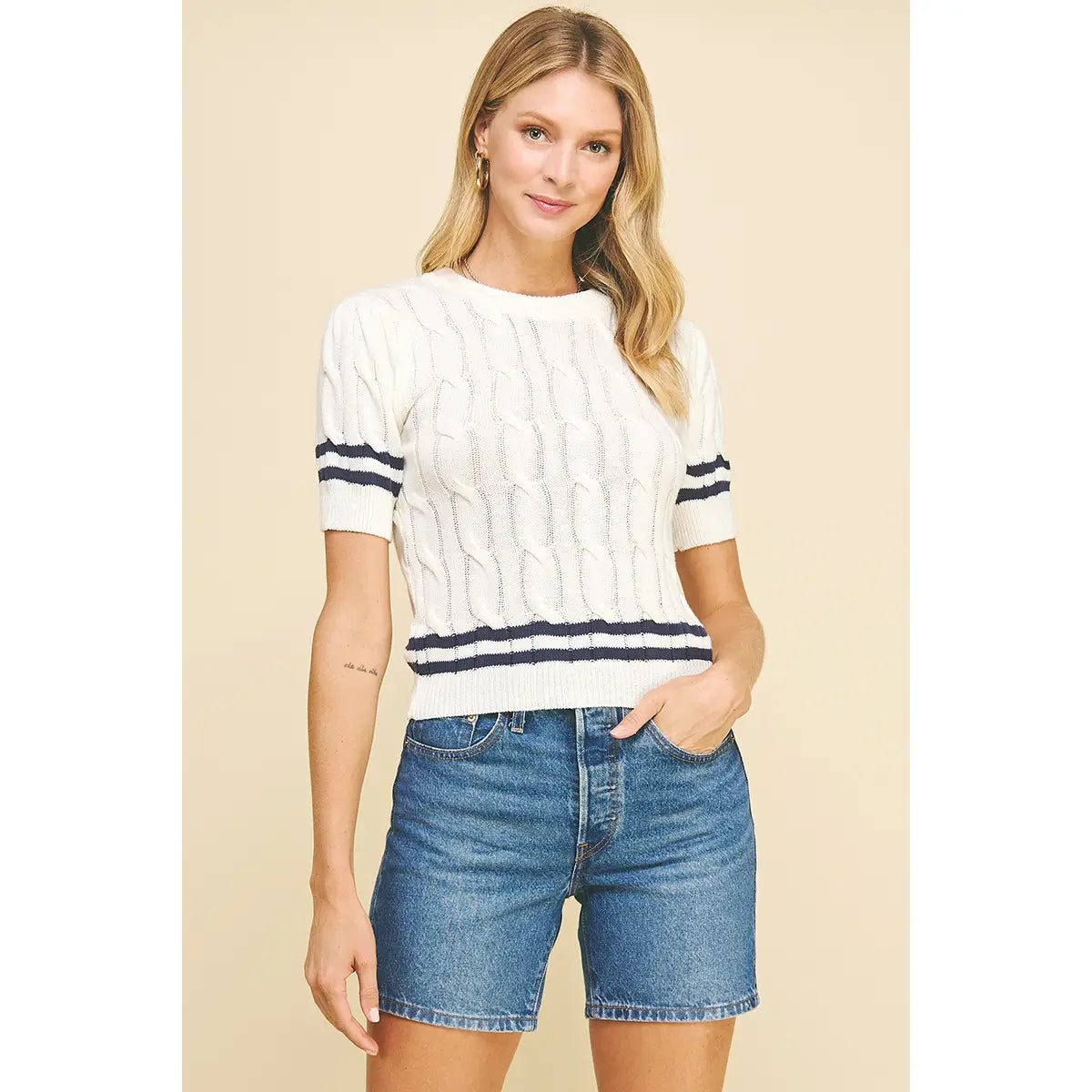 Navy Stripe Detailed Cable Sweater