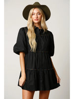 Puff Sleeve Tiered Shirt Dress with Rhinestone Detail