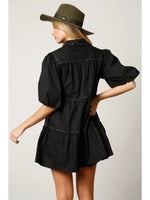 Puff Sleeve Tiered Shirt Dress with Rhinestone Detail