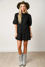 Puff Sleeve Tiered Shirt Dress with Rhinestone Detail