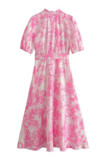 Floral Print Short Sleeve Midi Dress with Pleated Bodice and Belt