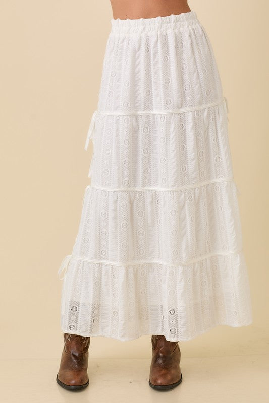 Lace Midi Skirt with Satin Binding and Side Bow