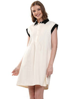 Ivory Knit Pattern Mini Dress with Pearl Button Detail and Colorblock Collar