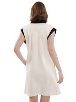 Ivory Knit Pattern Mini Dress with Pearl Button Detail and Colorblock Collar