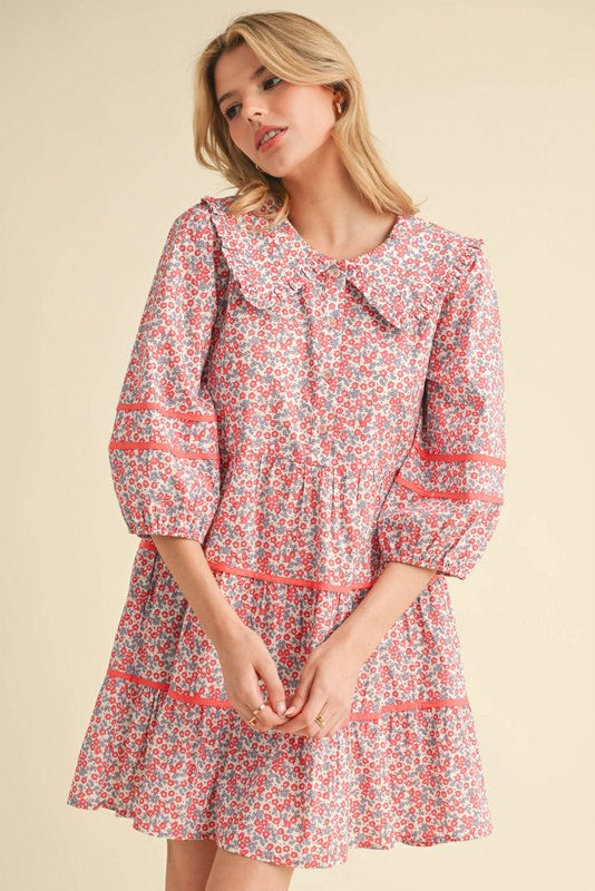 FLORAL SAILOR COLLAR DRESS WITH POCKETS