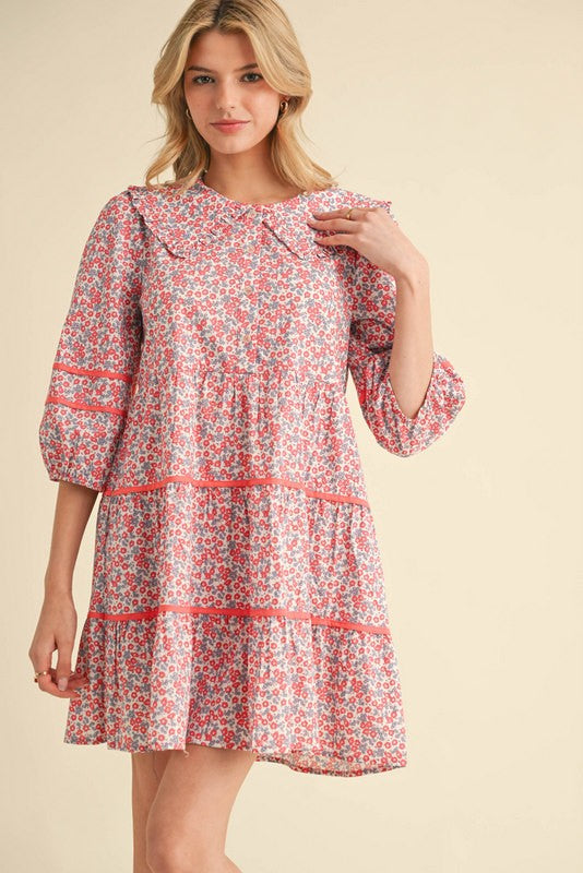 FLORAL SAILOR COLLAR DRESS WITH POCKETS