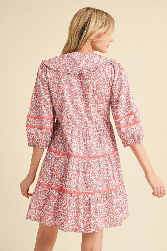 FLORAL SAILOR COLLAR DRESS WITH POCKETS