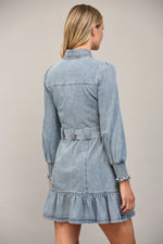 FATE Belted Long Sleeve Washed Denim Mini
