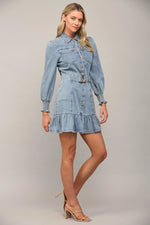 FATE Belted Long Sleeve Washed Denim Mini