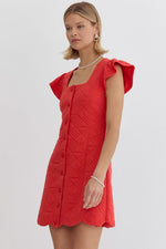 Quilted Square Neck Ruffle Sleeve Mini with Scallop Hem
