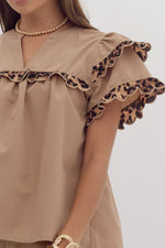 Taupe Top with Leopard Ruffle Detail