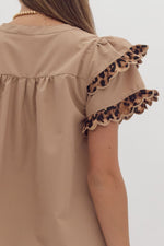 Taupe Top with Leopard Ruffle Detail