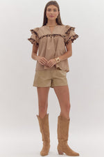 Taupe Top with Leopard Ruffle Detail