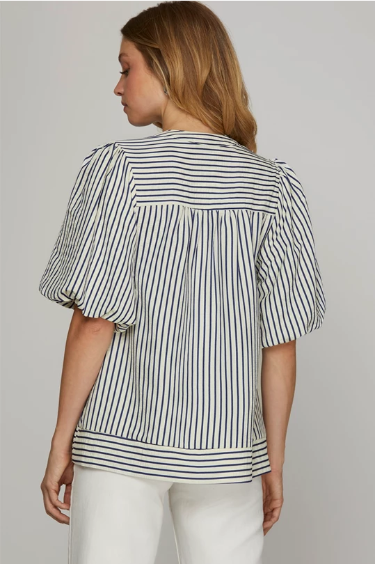 BUBBLE SLEEVE NAVY STRIPED WOVEN TOP