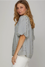 BUBBLE SLEEVE NAVY STRIPED WOVEN TOP