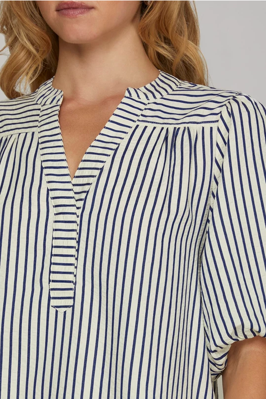 BUBBLE SLEEVE NAVY STRIPED WOVEN TOP