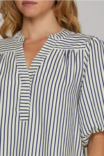 BUBBLE SLEEVE NAVY STRIPED WOVEN TOP