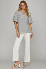 BUBBLE SLEEVE NAVY STRIPED WOVEN TOP