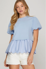 BABY BLUE PUFF SLEEVE KNIT AND WOVEN SCALLOP HEM COMBO TOP