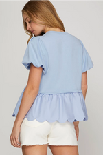 BABY BLUE PUFF SLEEVE KNIT AND WOVEN SCALLOP HEM COMBO TOP