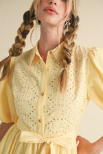 Striped Eyelet Button Down Midi Dress in Lemon Yellow