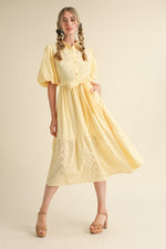 Striped Eyelet Button Down Midi Dress in Lemon Yellow