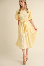 Striped Eyelet Button Down Midi Dress in Lemon Yellow