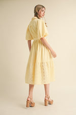 Striped Eyelet Button Down Midi Dress in Lemon Yellow