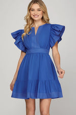 RUFFLED SLEEVE V NECK WOVEN TIERED MINI DRESS WITH CONTRAST TOP STITCH DETAIL AND POCKETS