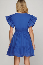 RUFFLED SLEEVE V NECK WOVEN TIERED MINI DRESS WITH CONTRAST TOP STITCH DETAIL AND POCKETS