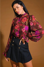 Floral Frenzy High Ruffle Neck Button Blouse with Ruffle Cuff Sleeves