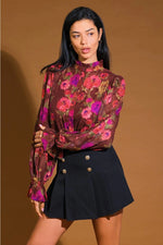Floral Frenzy High Ruffle Neck Button Blouse with Ruffle Cuff Sleeves