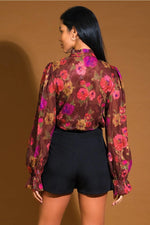 Floral Frenzy High Ruffle Neck Button Blouse with Ruffle Cuff Sleeves