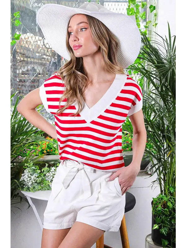 V-Neck Contrast Rib Stripe Sweater Top *Available in Black, Royal and Red