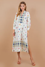 Embroidery Print Long Sleeve Button Front Dress