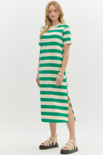 Green and Ivory Striped Dress featuring Shoulder Button Detail