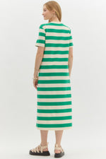 Green and Ivory Striped Dress featuring Shoulder Button Detail