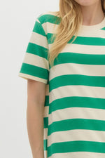 Green and Ivory Striped Dress featuring Shoulder Button Detail