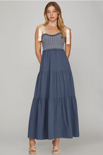 SHOULDER SATIN TIE CONTRAST SMOCKING TIERED WOVEN MAXI DRESS