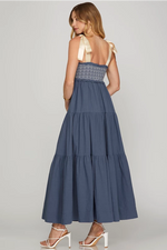 SHOULDER SATIN TIE CONTRAST SMOCKING TIERED WOVEN MAXI DRESS