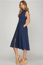 DROP SHOULDER SMOCKED WAIST WASHED DENIM MIDI DRESS WITH FRONT ZIPPER AND POCKETS