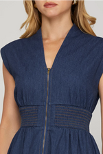 DROP SHOULDER SMOCKED WAIST WASHED DENIM MIDI DRESS WITH FRONT ZIPPER AND POCKETS