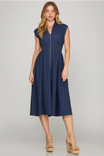 DROP SHOULDER SMOCKED WAIST WASHED DENIM MIDI DRESS WITH FRONT ZIPPER AND POCKETS