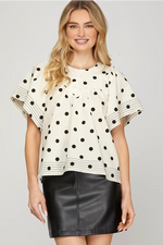 FLUTTER SLEEVE BUTTON HALF PLACKET POLKA DOT WOVEN TOP WITH TOP STITCH DETAIL
