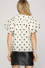 FLUTTER SLEEVE BUTTON HALF PLACKET POLKA DOT WOVEN TOP WITH TOP STITCH DETAIL