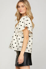 FLUTTER SLEEVE BUTTON HALF PLACKET POLKA DOT WOVEN TOP WITH TOP STITCH DETAIL