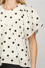 FLUTTER SLEEVE BUTTON HALF PLACKET POLKA DOT WOVEN TOP WITH TOP STITCH DETAIL