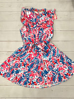 WATERCOLOR MINI DRESS WITH RUFFLE SHOULDER AND TIE WAIST SALE!! Last one size LARGE Originally $48 now $30